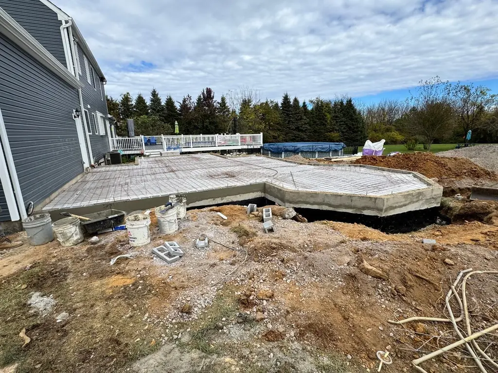 Formed and steel-reinforced concrete slab before the pour